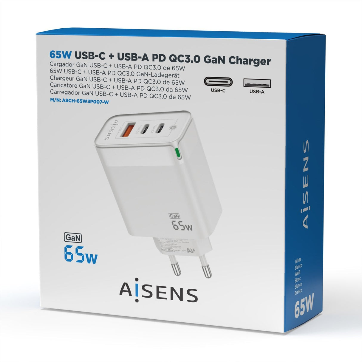 Aisens Cargador Gan 65w - 2xusb-C Pd3.0 Qc4.0 - 1xusb-A Qc3.0 - Blanco