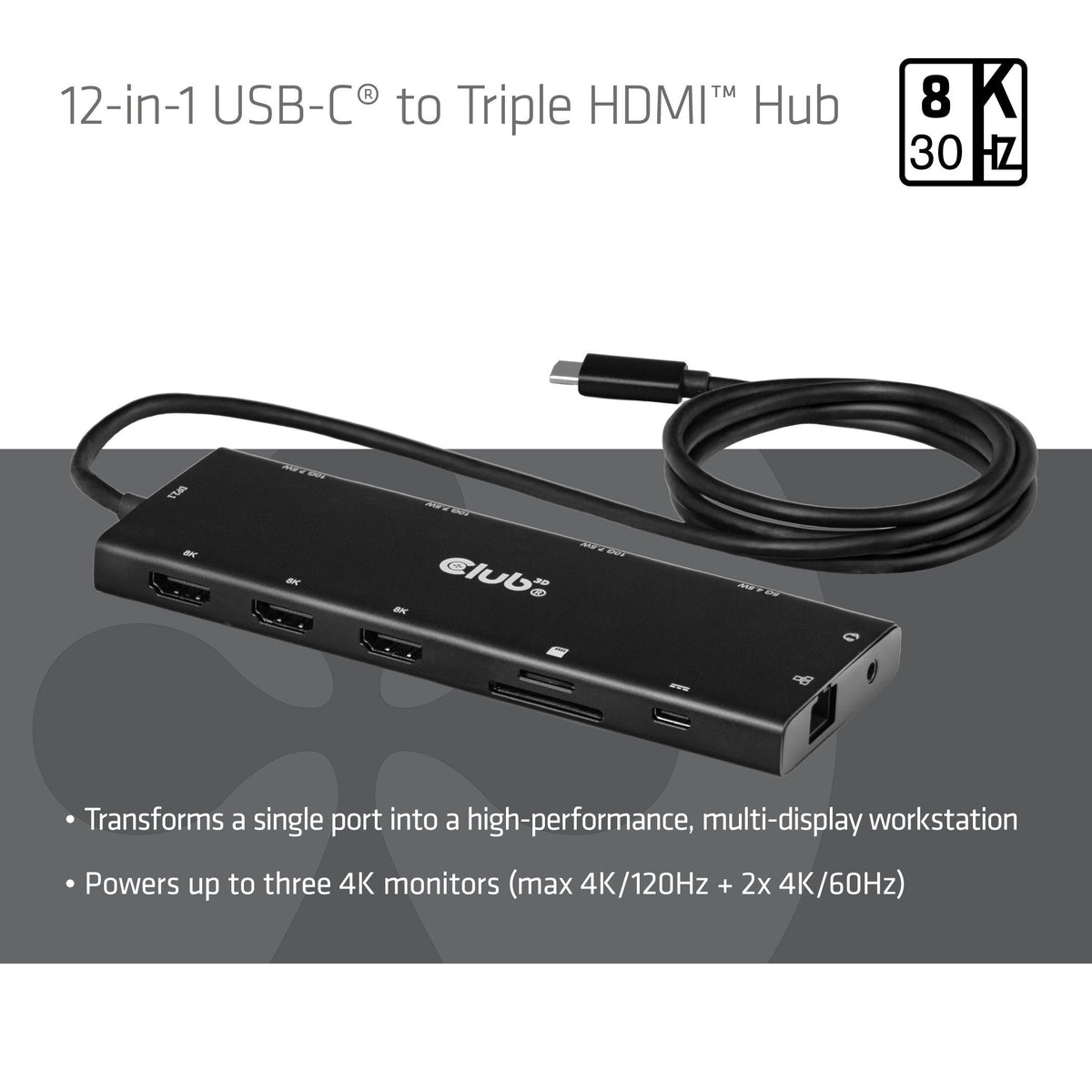 Club3d Usb-C 12in1-Hub >3xhdmi/3xusb-C/Usb/Lan 8k30hz Pd140w Retail