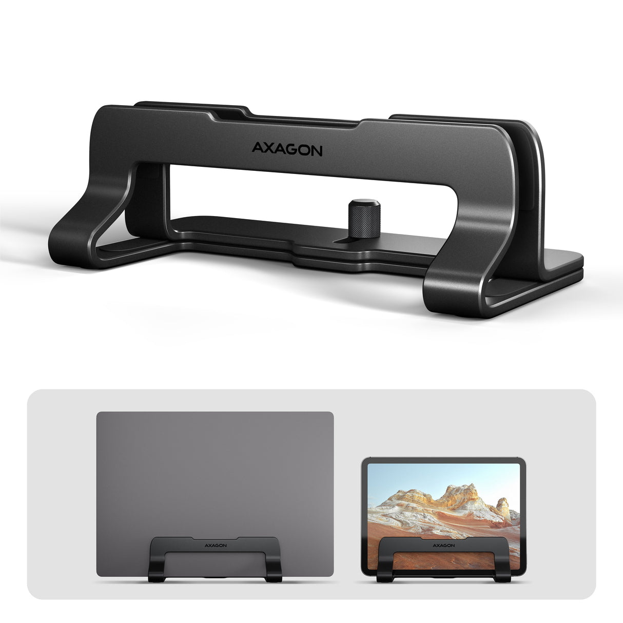 EAN 8595247909282 - Axagon STND-VB Vertikaler Laptop-Ständer, einstellbare Breite, Aluminium Soporte para ordenador portátil imagen 1