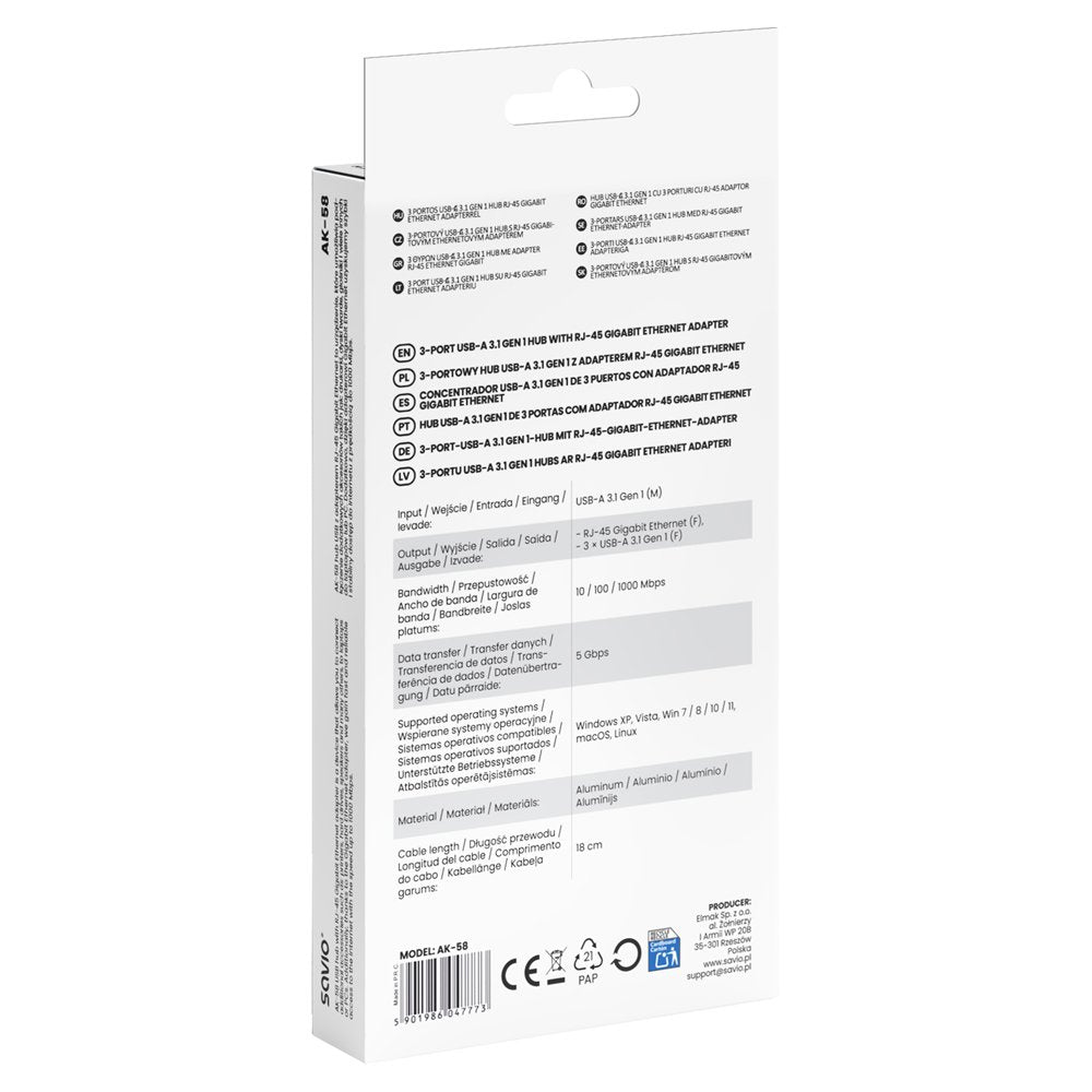 EAN 5901986047773 - Savio AK-57 USB-A - 3 x USB-A HUB with RJ-45 Gigabit Ethernet adapter 5000 Mbit/s grey USB 3.2 Gen 1 (3.1 imagen 8