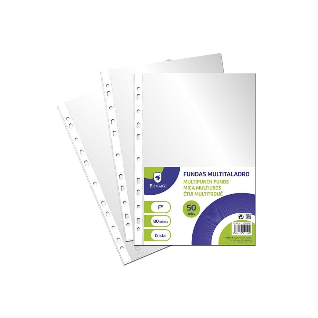 Bismark Pack De 50 Fundas Multifuncional Transparentes - Acabado En Cristal - 80 Micras - Ideal Para Carpetas Con
