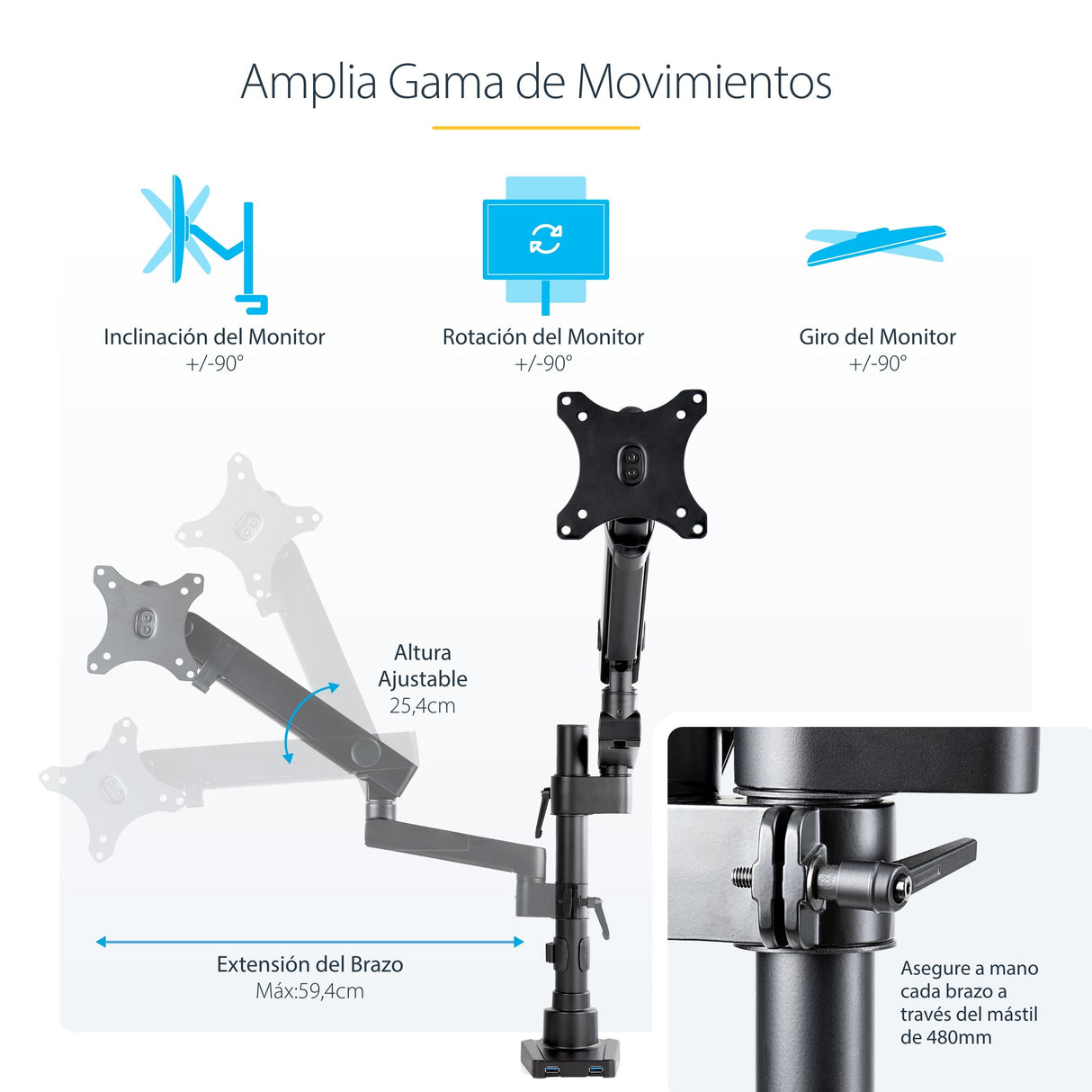 EAN 0065030888349 - StarTech.com ARMPIVOT2USB3 soporte para monitor 86,4 cm (34") Escritorio Negro imagen 14