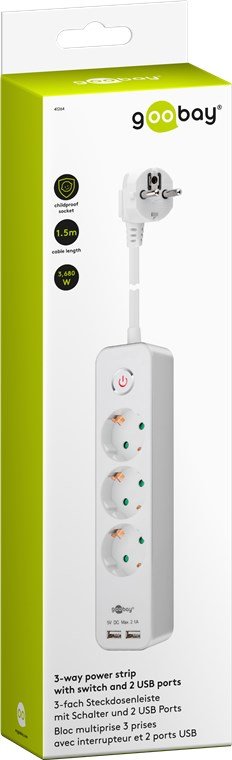Goobay 41264 Regla De 3 Vías Con Interruptor Y Usb, Blanca