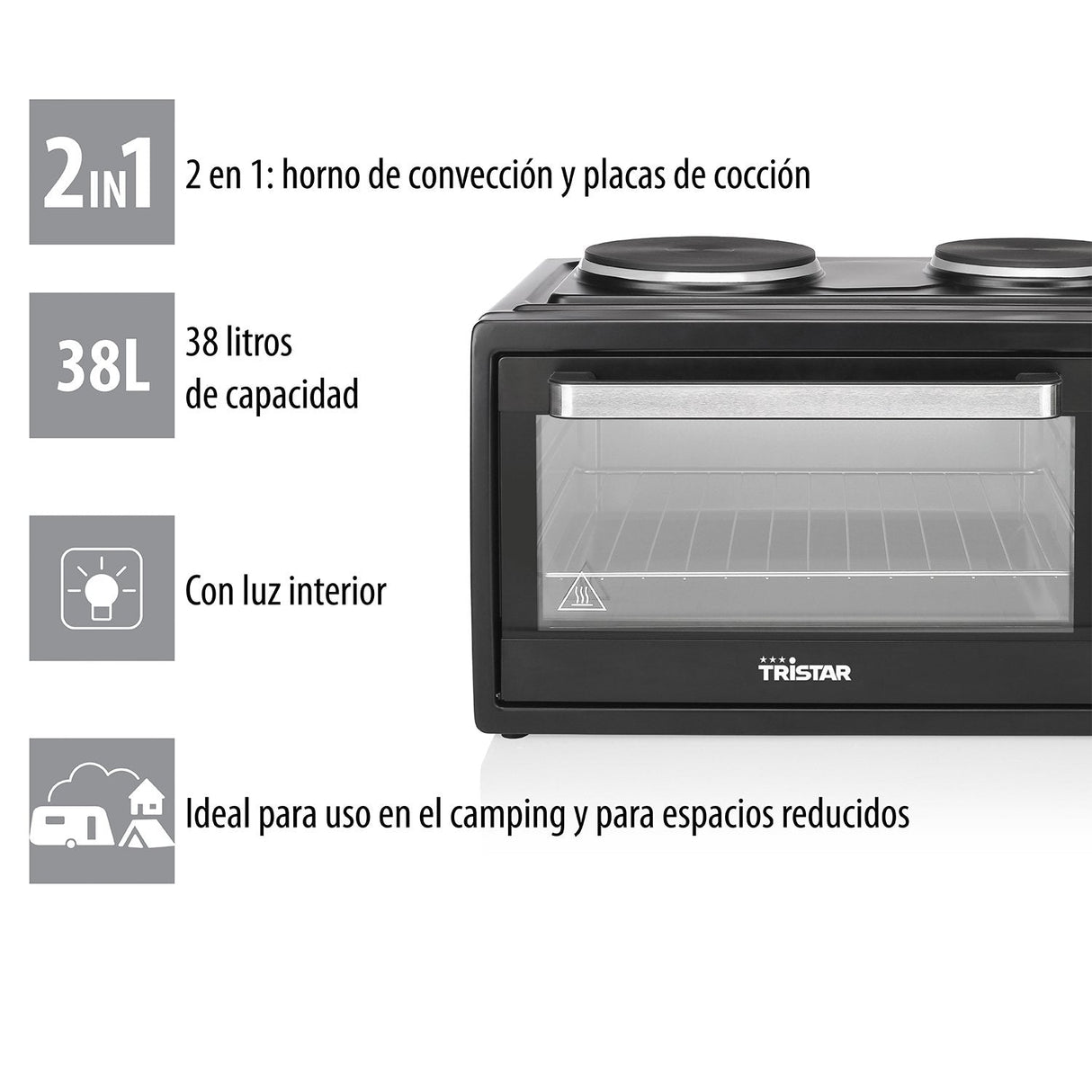 Mini Horno Con 2 Placas Eléctricas En La Parte Superior Tristar Ov-1443--38 L-3100 W-Función De Calor Del Ventilador-Negro