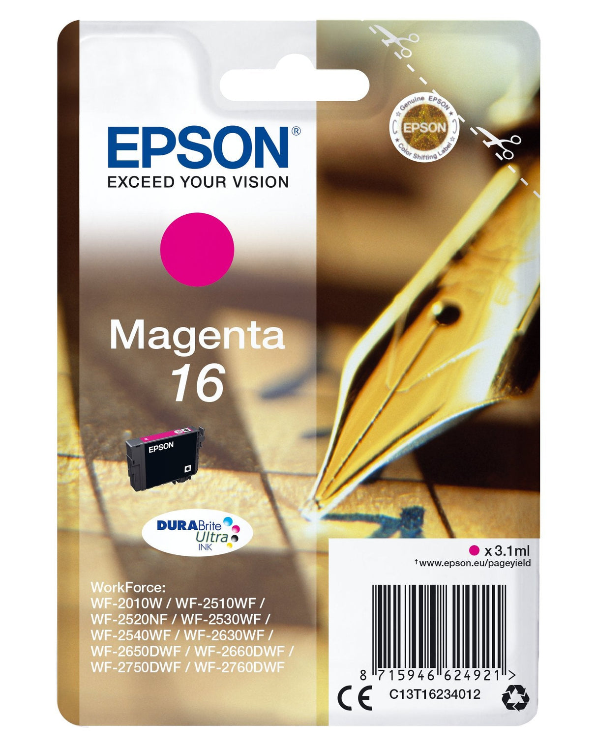 Epson 163.1 Mlmagentaoriginalblster Con Alarmas De Rf/Acsticacartucho De Tintapara Workforce Wf-2010, 2510, 2520, 2530, 2540, 2630, 2650, 2660, 2750, 2760