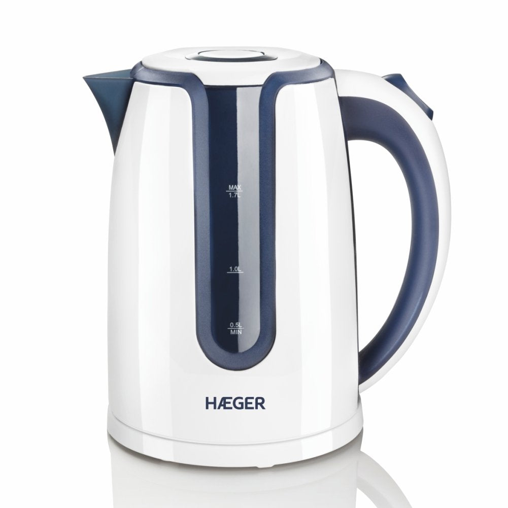 Hervidor Eléctrico De Agua Haeger Hot Blue 2200w 1.7l Sistema Sin Cables Cuerpo Y Resistencia Oculta Inox Base Rotativa 360º