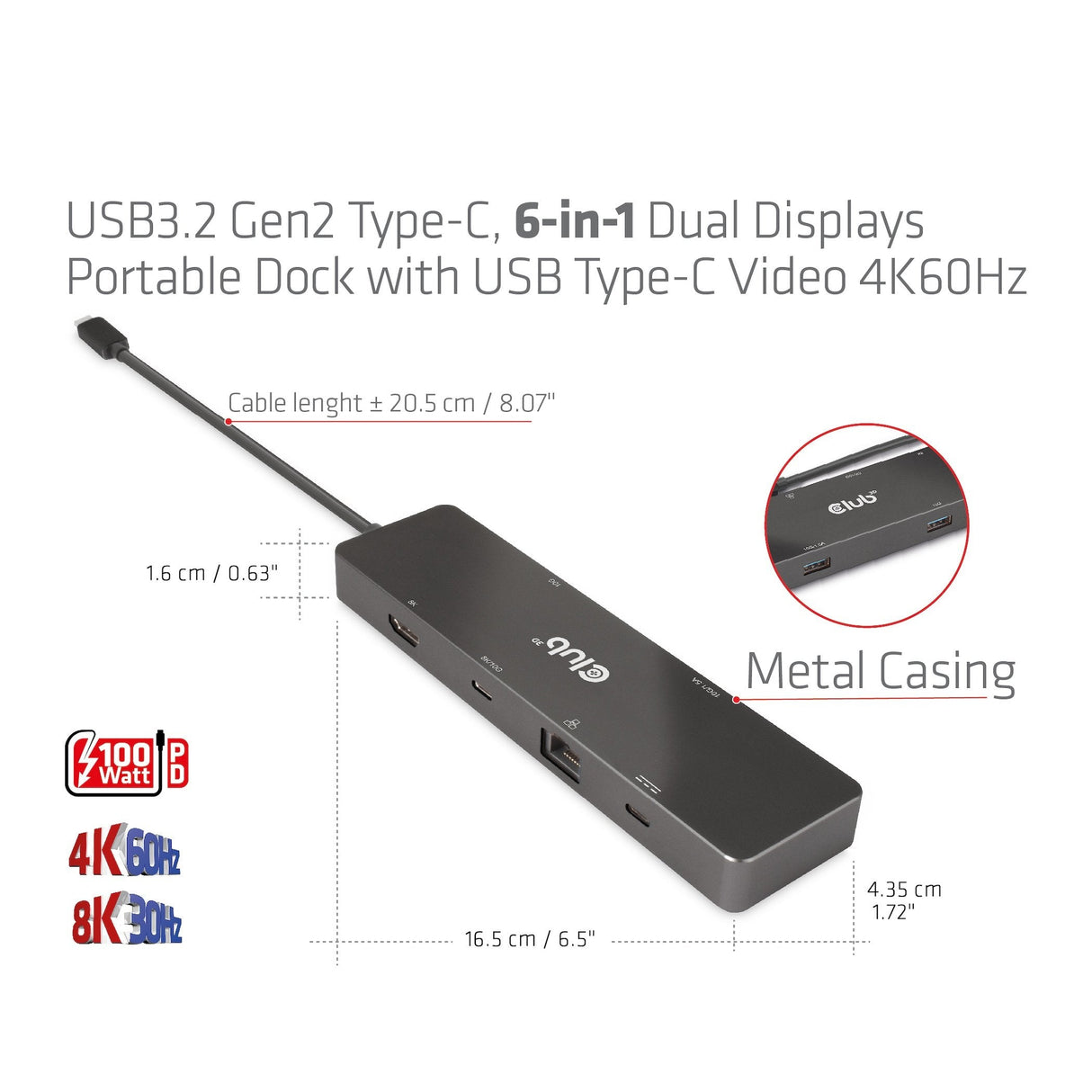 Club3d Usb-C Dock > Hdmi Usb-C 8k 2xusb Usb-C Pd100w Rj45 Retail
