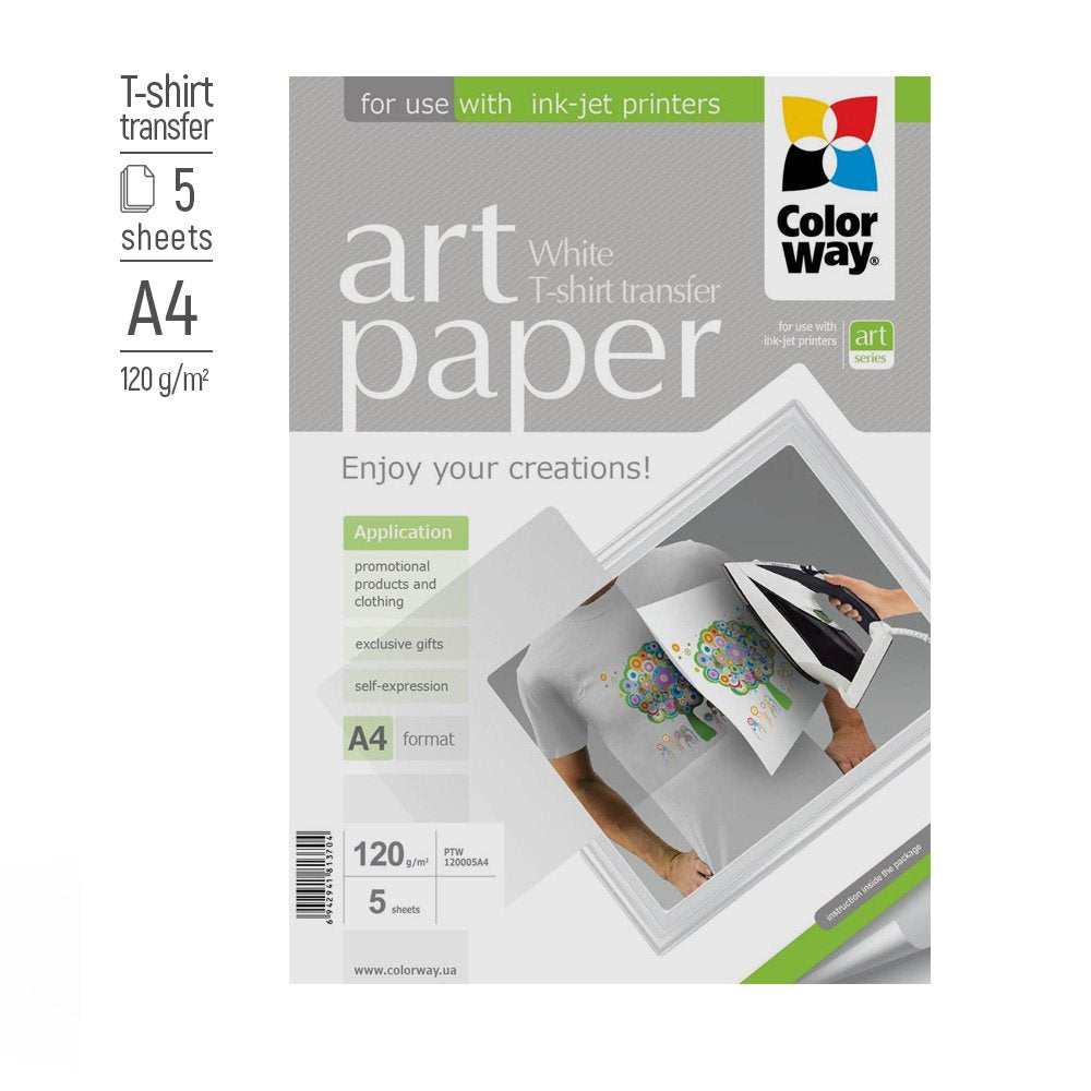 Colorway Art Photo Paper T-Shirt Transfer (Blanco), 5 Hojas, A4, 120 Mâ²