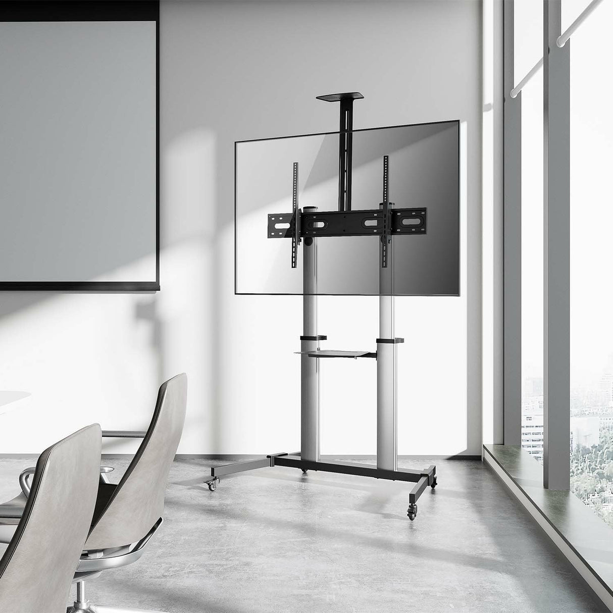 Aisens Soporte De Suelo Pro Con Ruedas, Bandejas Para Dvd Y Soporte De Cámara Para Monitor/Tv 100kg De 60-100, Negro-Plata