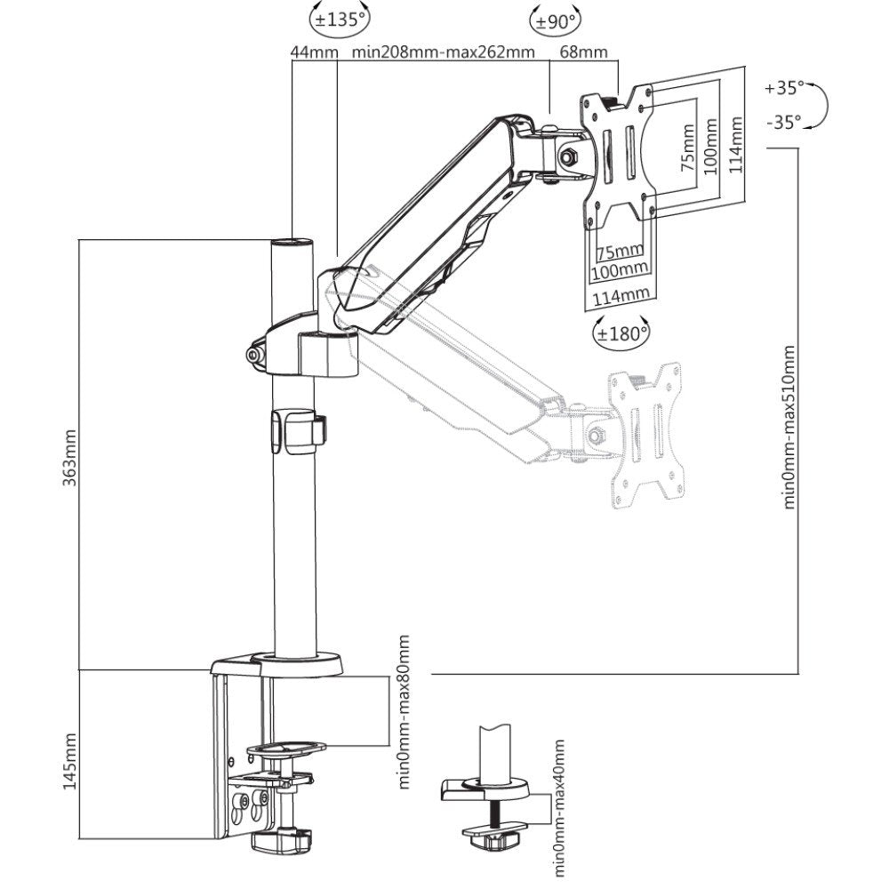 Soporte De Escritorio Giratorio De Resorte De Gas Techly Ica-Lcd 515b Para Monitores Lcd De 17-32", 8kg