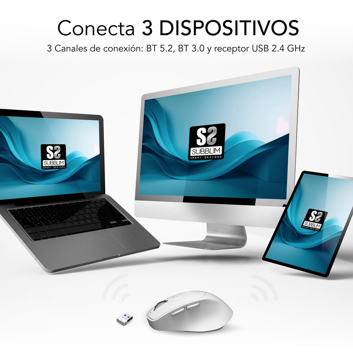 EAN 8436586743024 - SUBBLIM RATON OPTICO DUAL COMFORT ERGO DUAL BATERIA BLANCO ratón Universal mano derecha Bluetooth + USB T imagen 3