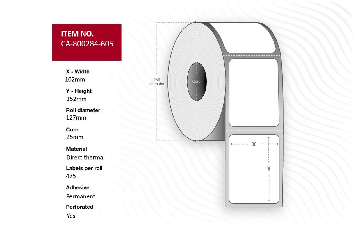 Label 102 X 152mm, Core 25mm, - Direct Thermal, Uncoated, - Permanent, Perforated, 475 Labels Per Roll, 12 Rolls Per Box - Warranty: 12m