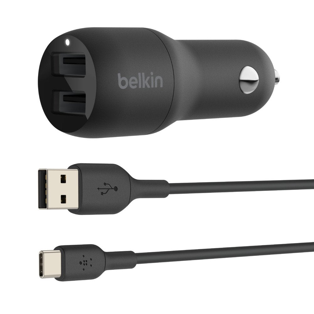 Cargador Usb Belkin 24w 4.8a 2p Usb Black Para Coche + Cable Usb-C