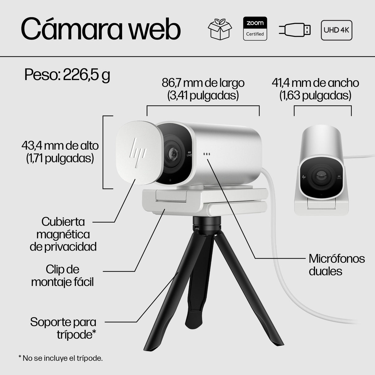 EAN 0196548527304 - HP 960 4K Streaming Webcam cámara web 8 MP 3840 x 2160 Pixeles USB Plata imagen 14