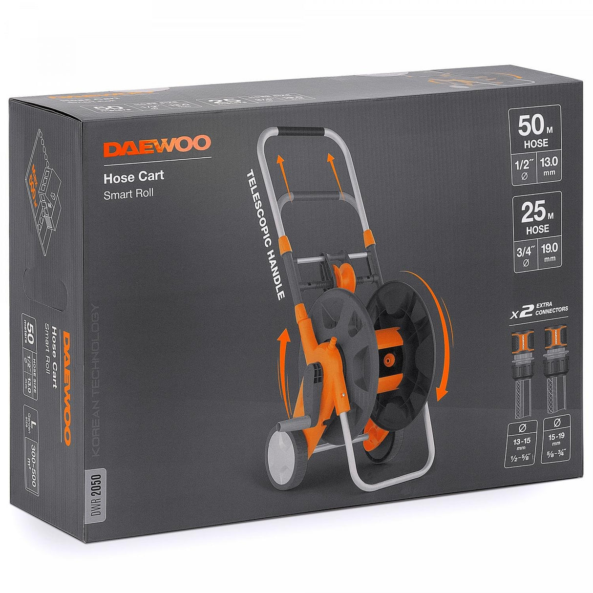 EAN 8800356879518 - Daewoo DWR2050 carrete de manguera de jardín Tambor de carrete Manual Negro, Gris, Naranja imagen 4