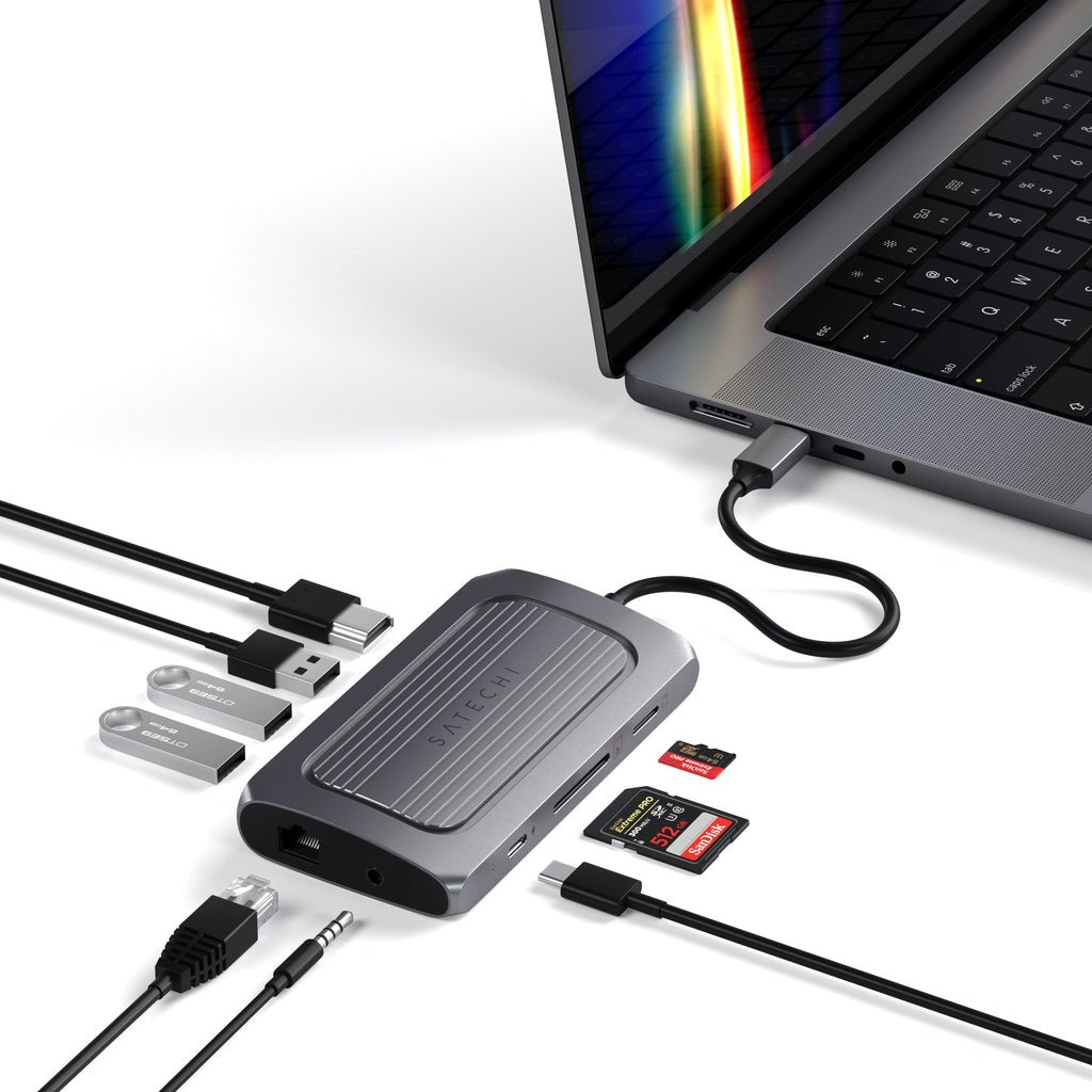 Adaptador Usb-C Multipuerto Satechi (Usb-C4, 3x Usb-A, Hdmi 8k, Ethernet, Lector De Tarjetas Micro/Sd, Puerto Jack) (Gris Espacial)
