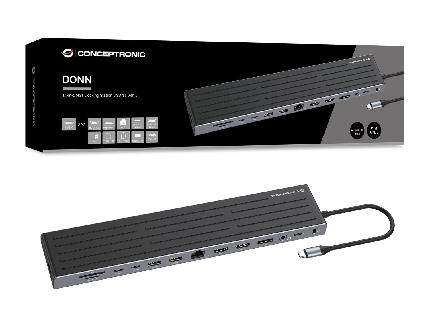 Docking Usb-C Conceptronic Donn32b A 2xhdmi 1xdp 2xusb-C Pd 100w 3xusb-A 5gb 1xsd 1xmicrosd 1xrj45