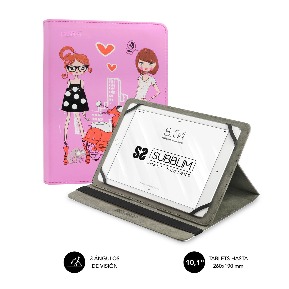 Funda Universal Subblim Trendy Fashion Girls Para Tablet Hasta 10.1'/25.6cm Exterior Símil Piel Interior Aterciopelado