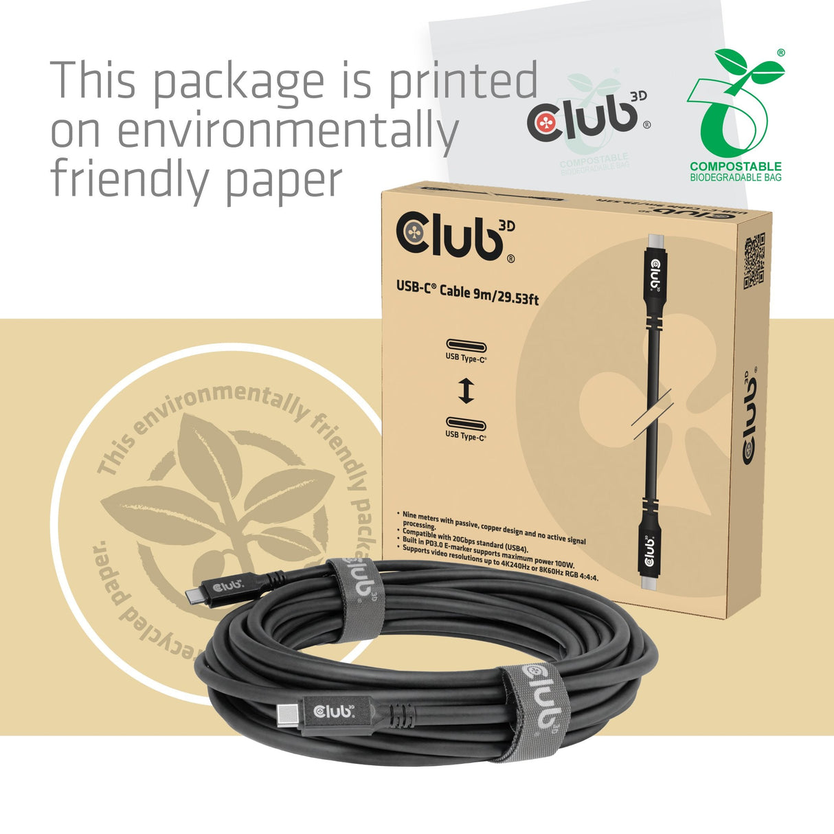 Club3d Cable Usb 4 Tipo C Pd 100w / 8k / 20gbps 9m M/M Retail