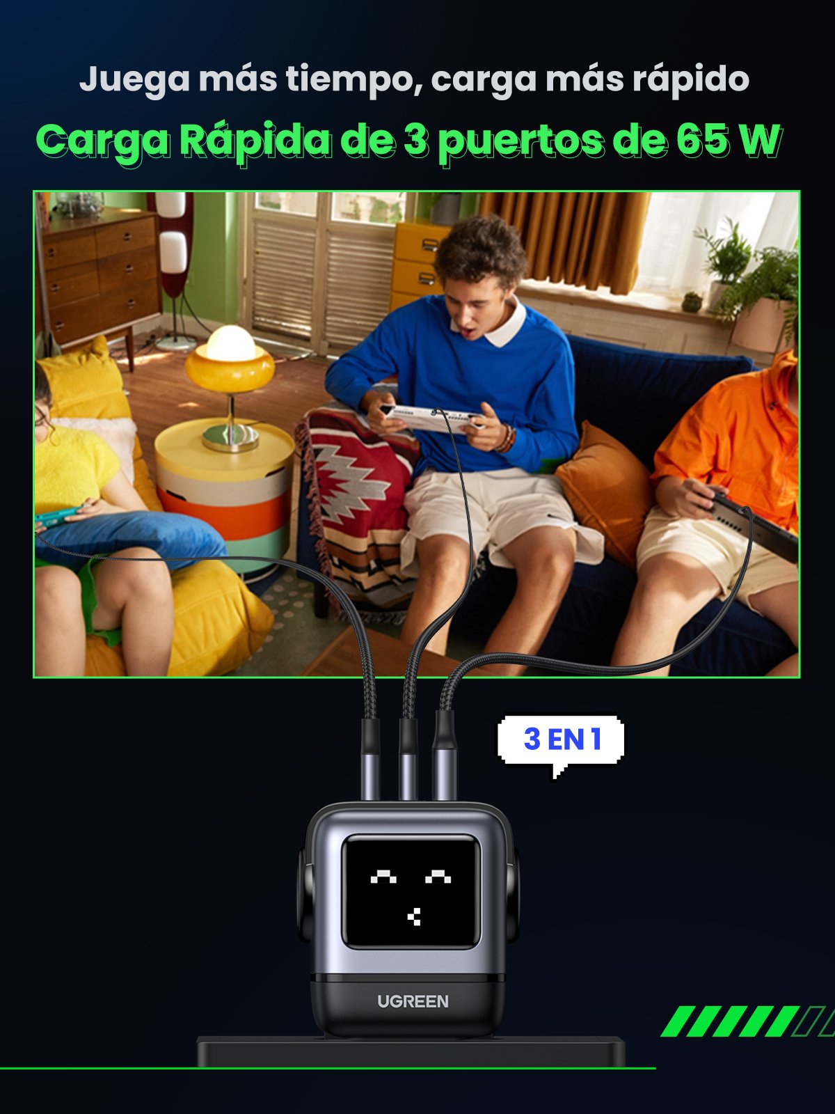 Cargador Ugreen Usb-A+2*Usb-C 65w Gan Fast