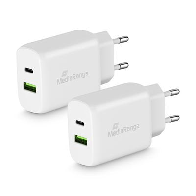 Cargador De Enchufe Mediarange De 25 W Con Usb-A Y Usb-C, Blanco