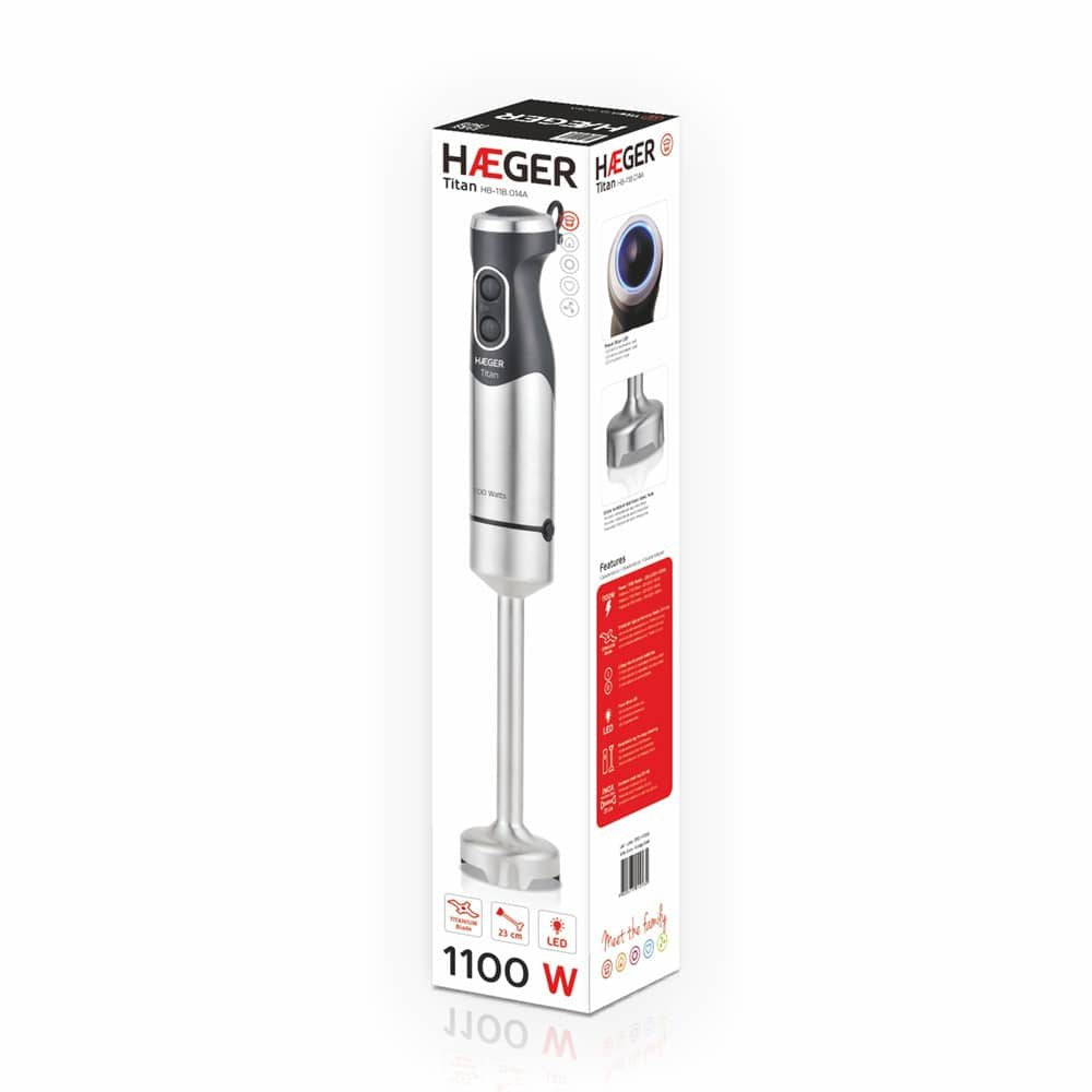 Batidora Haeger Titán 1100w 2 Interruptores Toque Fácil Función Turbo Eje Desmontable Pie Acero Inox Hoja Titanio 5.4cm