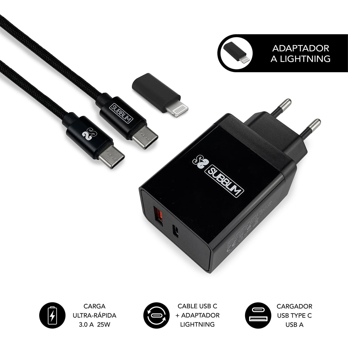 EAN 8436586742096 - SUBBLIM SUBCHG-3WPD11 cargador de dispositivo móvil Universal Negro, Gris Corriente alterna Carga rápida imagen 1