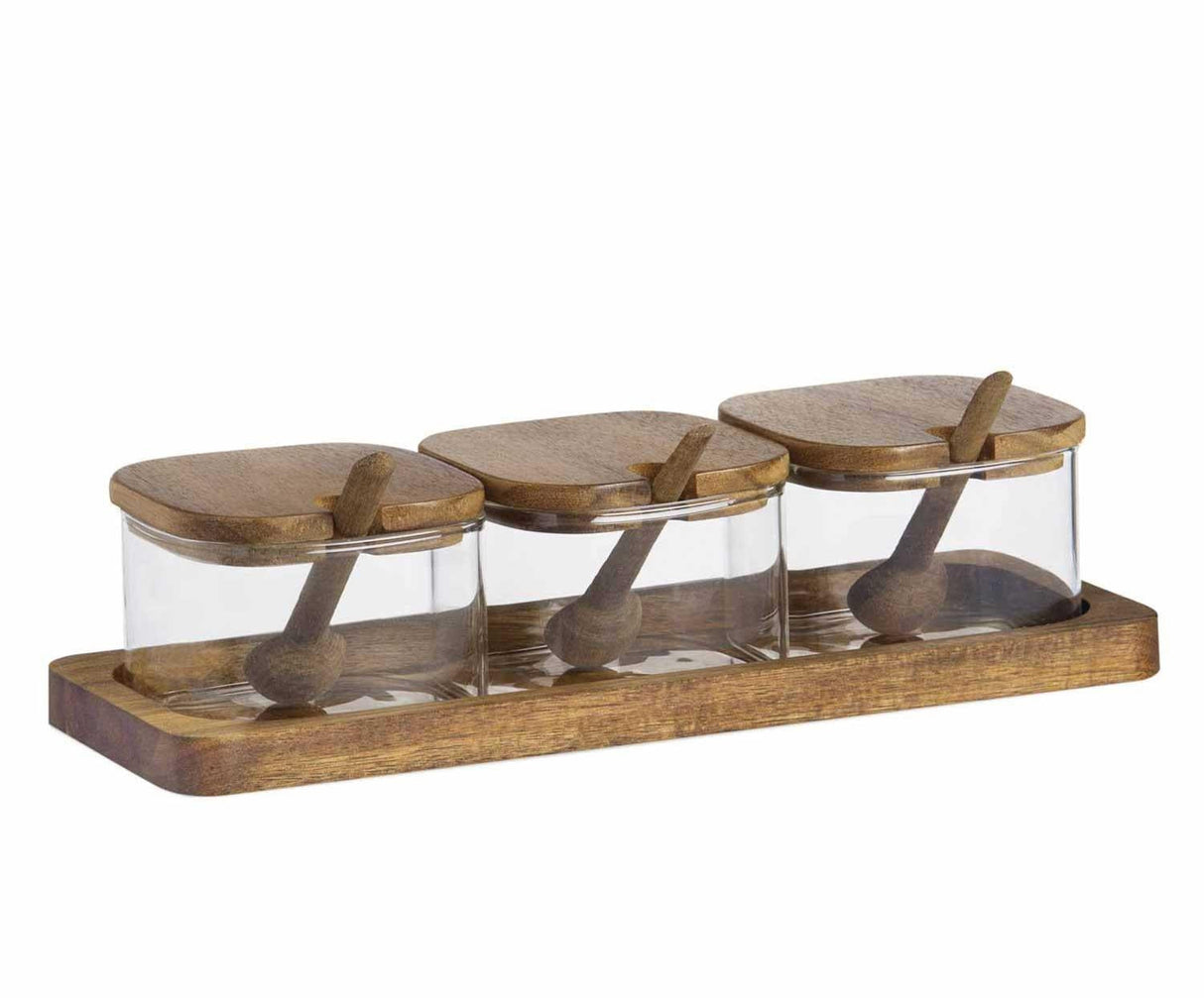 Azucarero De Vidrio Y Madera De Acacia, 3 Piezas Con Bandeja, 27 X 10,5 X 7 Cm