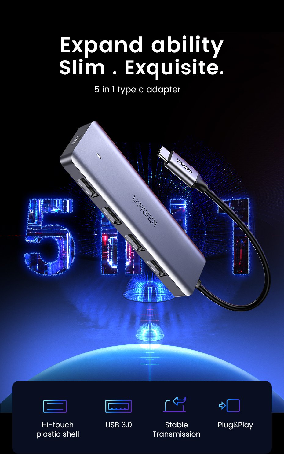 Hub Ugreen 50985 De Interfaz Usb 3.2 Gen 1 (3.1 Gen 1) Type-A 5000 Mbit/S Plata