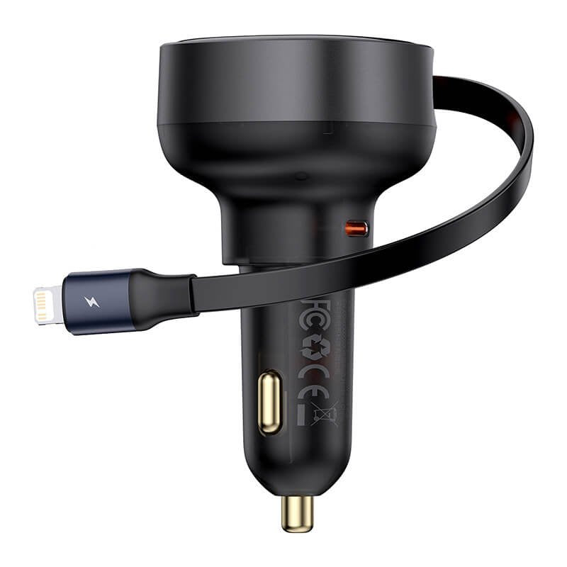 Baseus Car Charger Enjoyment Pro Fast Charger Type-C Female, Lightning Male (0.75m) Built-In Retractable Cable,55w Black Eu (C00057803111-00)