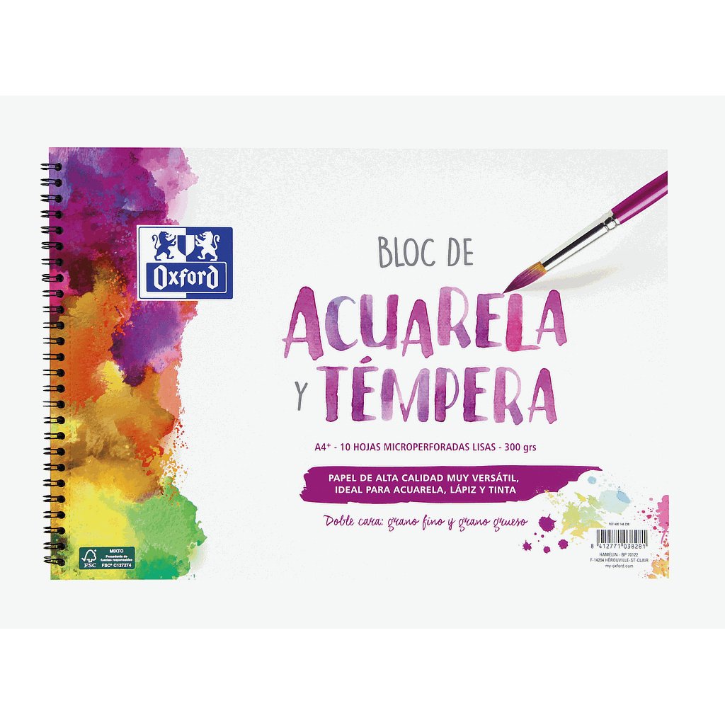 Oxford Bloc Pintura Acuarela Y Témpera 10h 300gr Espiral A4+ Liso Blanco