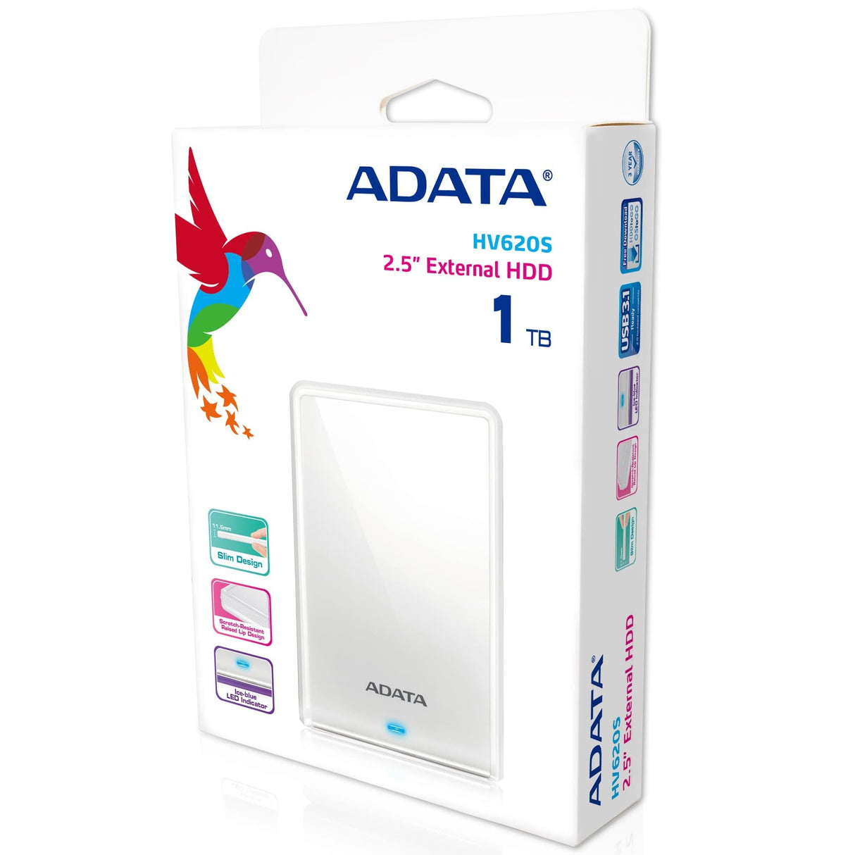 Adata 1tb Portable Hard Drive (White) Hv620s Usb 3.1, Color Box