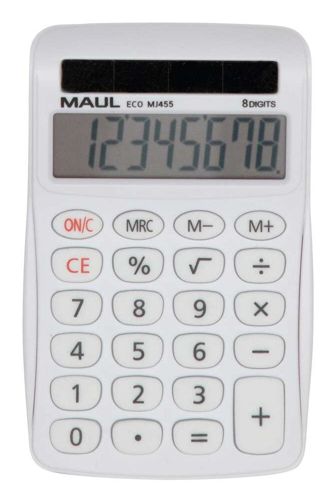 Maul Calculadora Eco Mj 455 Calculadora Basica Con Pantalla De 8 Dígitos Calculadora Solar De 80% De Plástico Reciclado Calculadora Pequeña 11,2 X 7,1 X 2 Cm Blanco