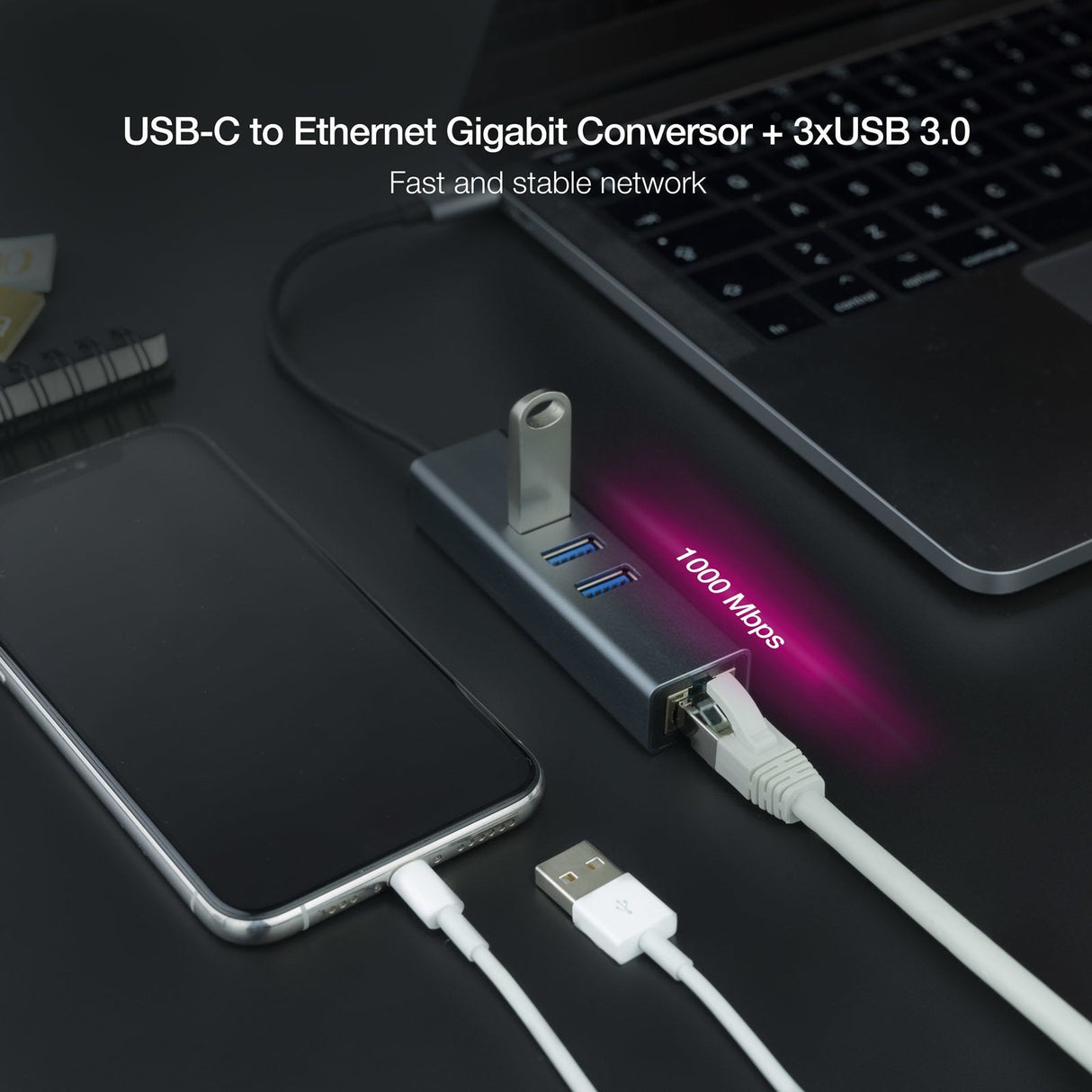 Nanocable Adaptador De Red Usb-C A Ethernet Gigabit 10/100/1000 Mbps + 3 Puertos Usb 3.0