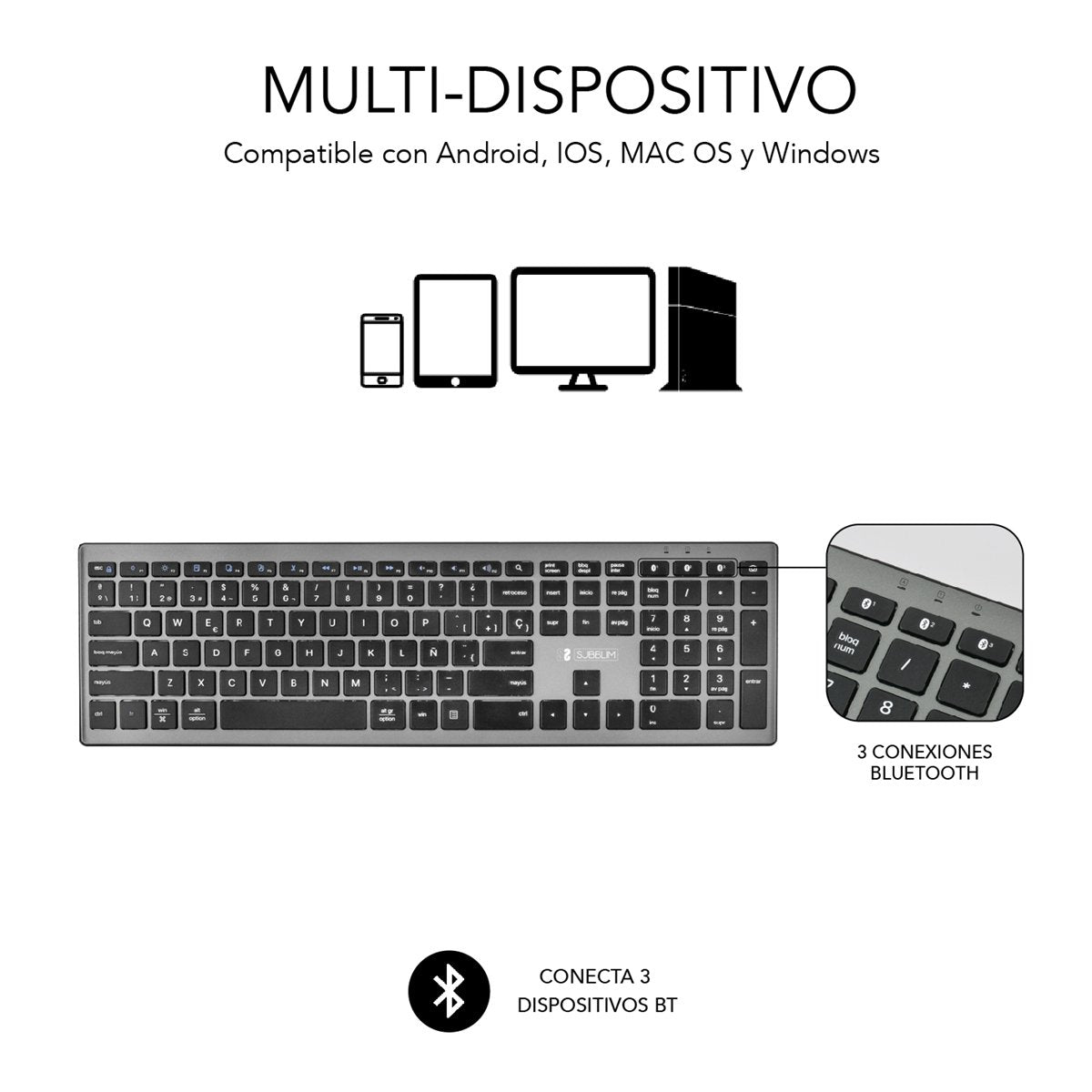 Teclado Español Pure Extended Grey Subblim Bluetooth 5.1/ Multidispositivo Hasta 3 Dispositivos