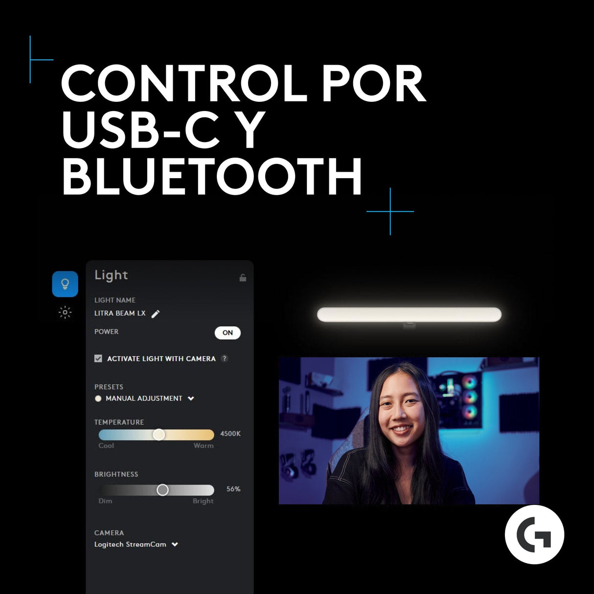 Logitech G Litra Beam Lx, Luz Led Principal Premium Para Streaming, Rgb De Doble Cara Con Truesoft, Para Streaming, Difusión, Lightsync, Bluetooth, Usb, Pc/Mac  Grafito