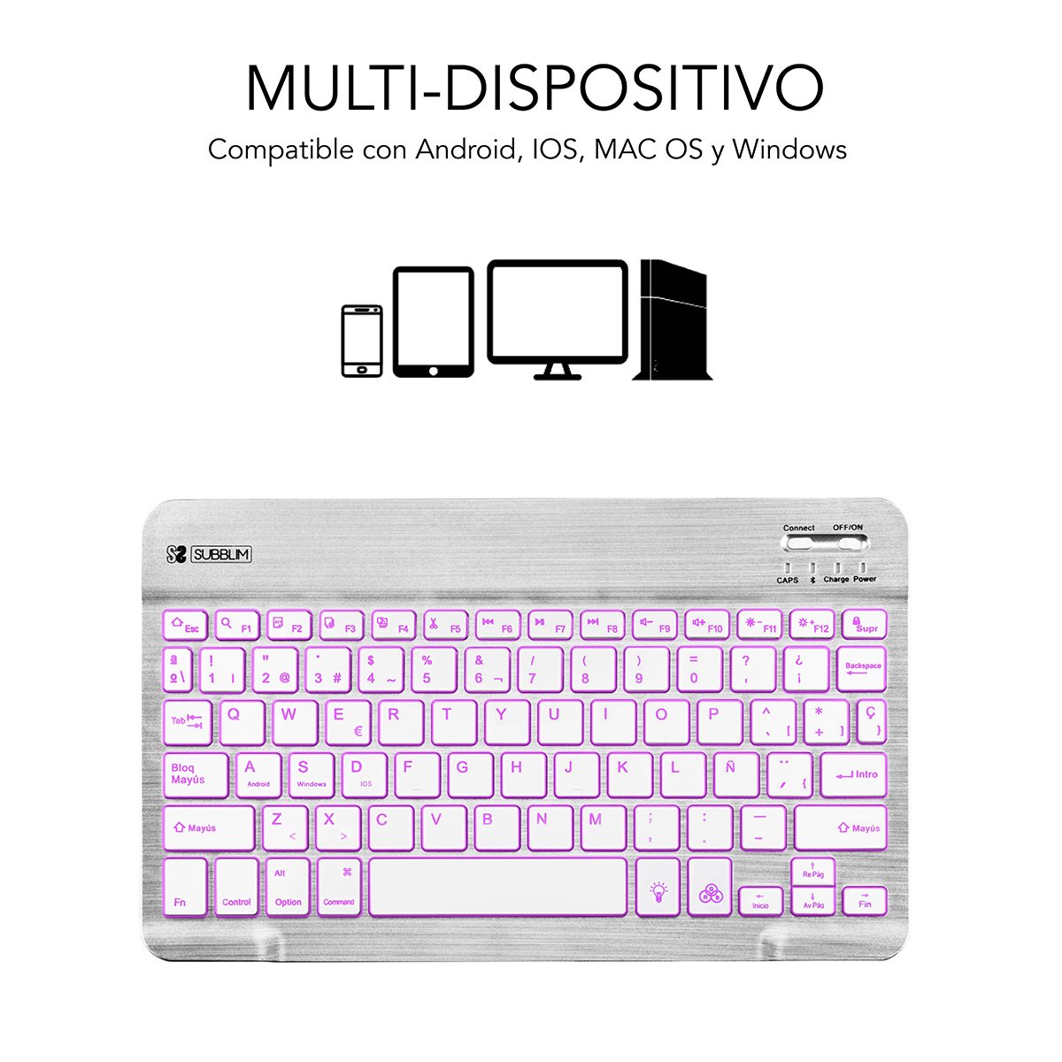 Teclado Bluetooth Subblim Sub-Kbt-Smbl30 Silver Bt3.0 Teclas Iluminadas Batería 420mah Compatible Multidispositivo
