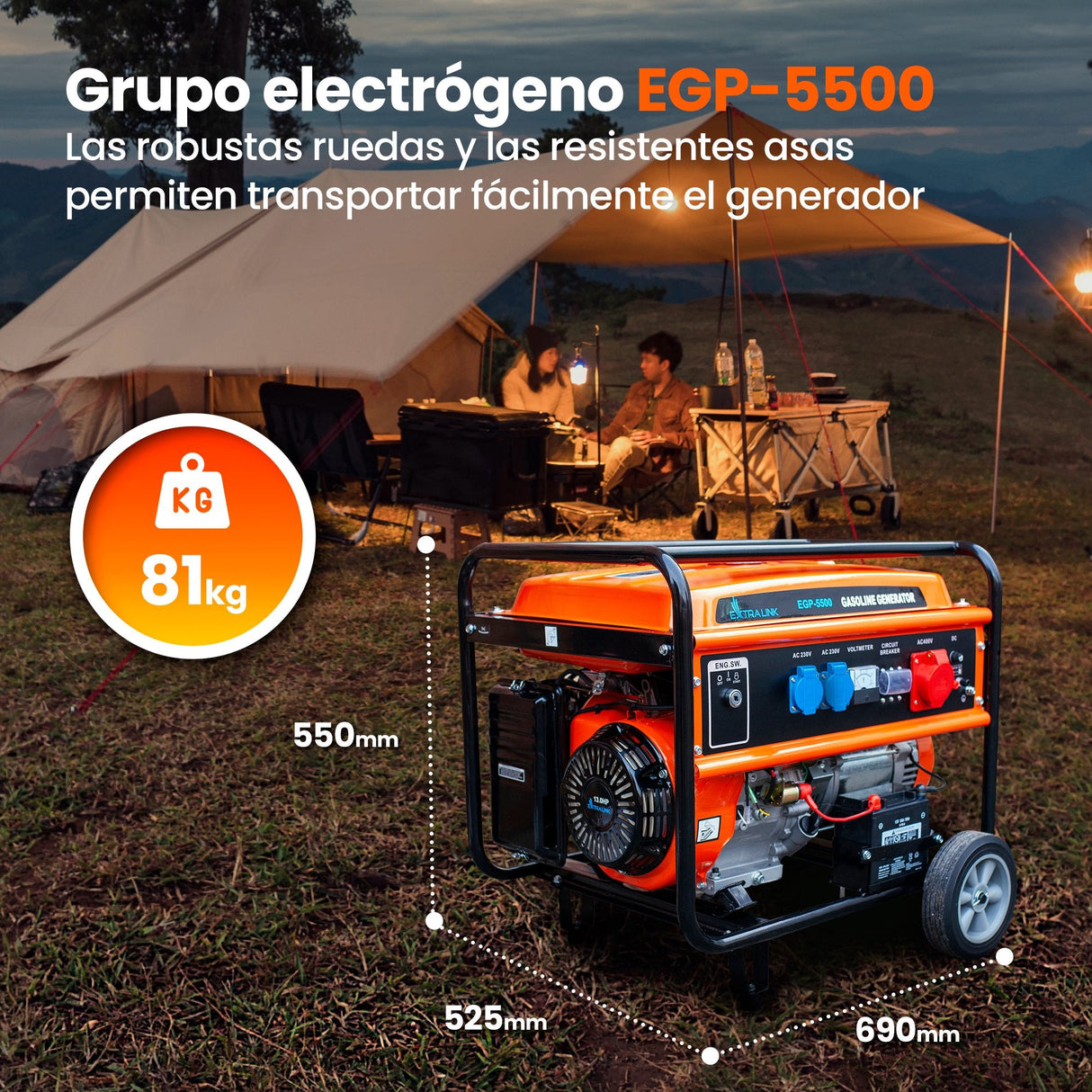 Extralink Ex.30356 Motor-Generador 5000 W 25 L Gasolina Negro, Naranja