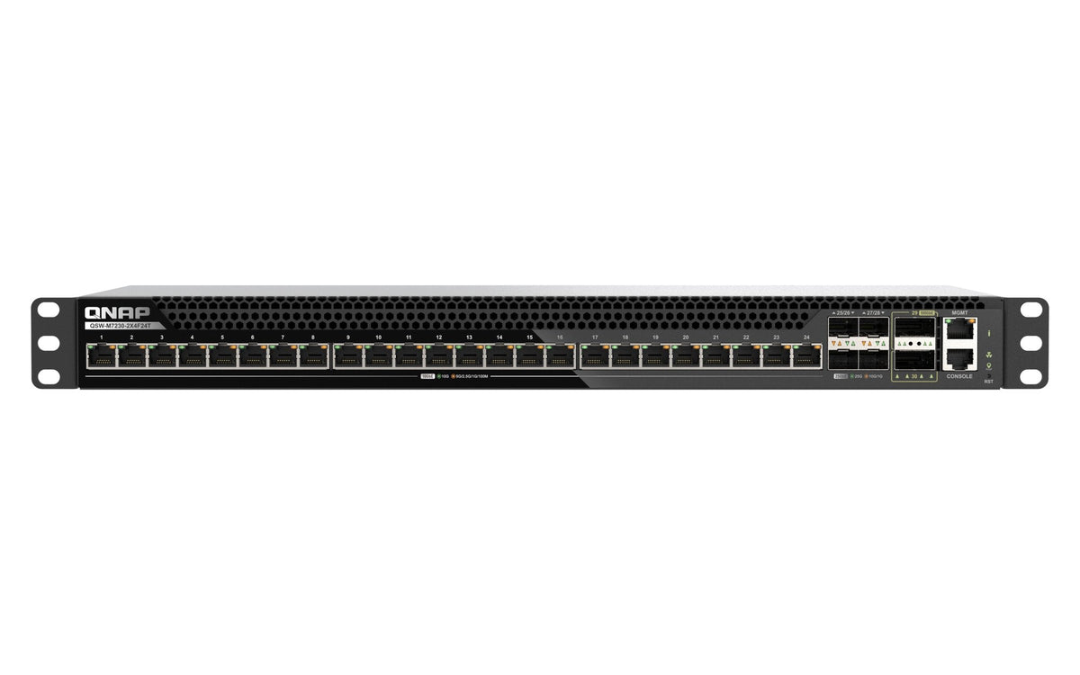 Qnap Qsw-M7230-2x4f24t Conmutador 2 X 100 Gigabit Qsfp28 + 4 X 25 Gigabit Sfp28 Montable En Rack Para Qnap Cab-Dac50m-Sfpp Trx-10gitsfpp-Sr Trx-25gsfp28-Sr