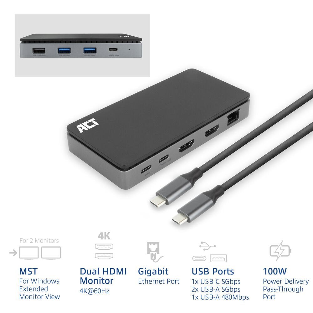 Docking Station Act Connectivity Usb C 4k Mst 2 Monitores Hdmi Ethernet Usb C 3x Usb A Pd Pass Through Cable 1m