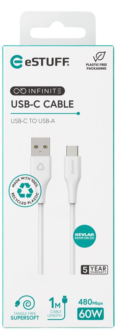 Infinite Usb-C To Usb-A Cable - 1m White. Recycled Plastic. - Super Soft - Warranty: 60m