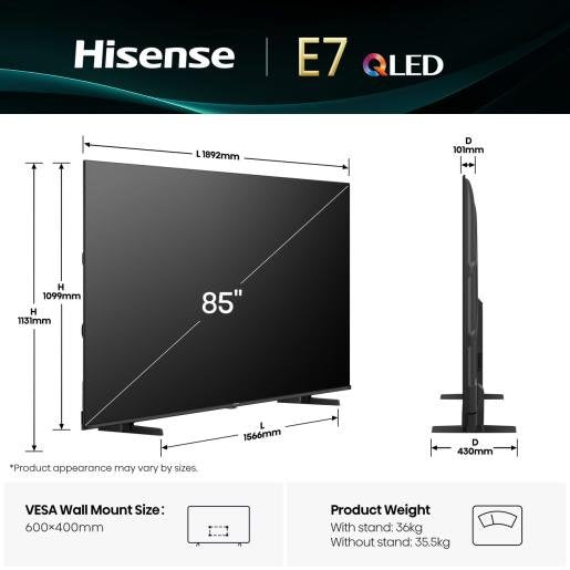 Hisense 85e77q, Qled Tv 215 Cm (85 Pulgadas), Negro, Ultrahd/4k, Sintonizador Triple 85e77q
