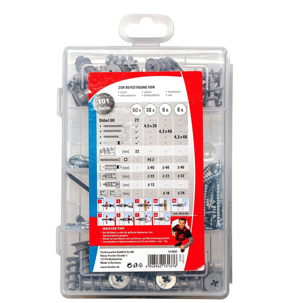 Fischer Meister-Box Gk + Tornillos + Ganchos, Tacos (Gris Claro, 100 Piezas, Con Herramienta De Ajuste) 513892