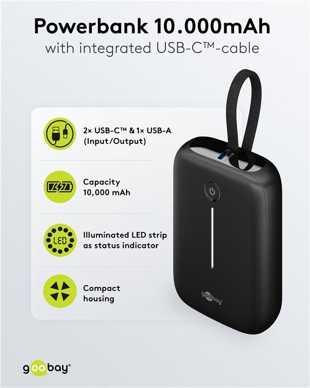 Goobay Powerbank 10.000 Mah, Integriertes Usb-C Cable 13cm, 20 Watt (Negro, 10 Ah, 1x Usb-A, 2x Usb-C, Pd, Qc) 76251