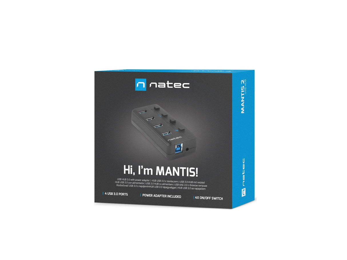 Natec Hub Usb 3.0 Mantis2, 4-Ports On/Off With Ac Adapter, Black