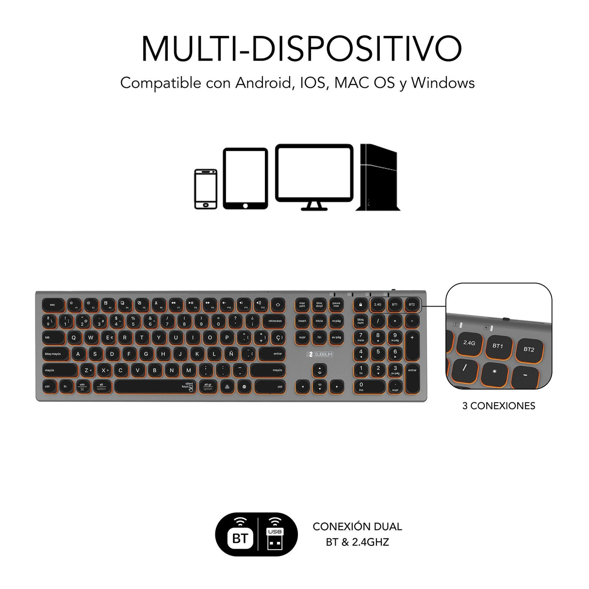 Teclado Español Inalámbrico Subblim Master Gris Y Negro