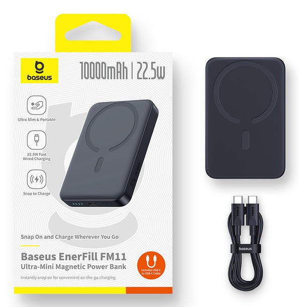 Power Bank Baseus Enerfill Fm11 Ultra-Mini Magnetic (Magsafe Compatible), 22.5w, 10000 Mah, With Type-C Cable 0,30m, Black Eu (P1008210e123-00)
