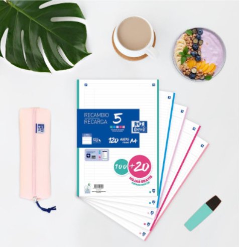 Oxford Recambio 100h + 20h Gratis 4 Taladros A4 90gr 1 Línea 5 Bandas C/Surtidos Pastel