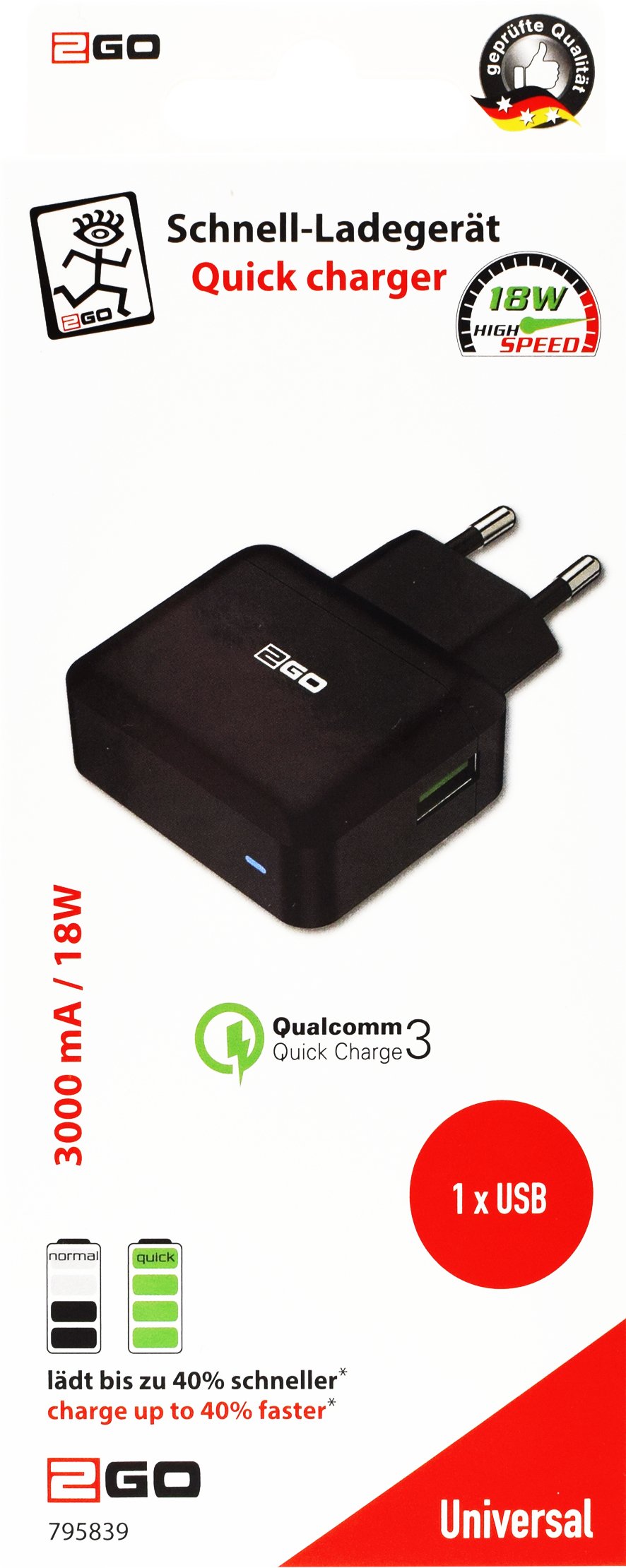 Cargador 2go Qc-Charger 240v 1xusb 3a