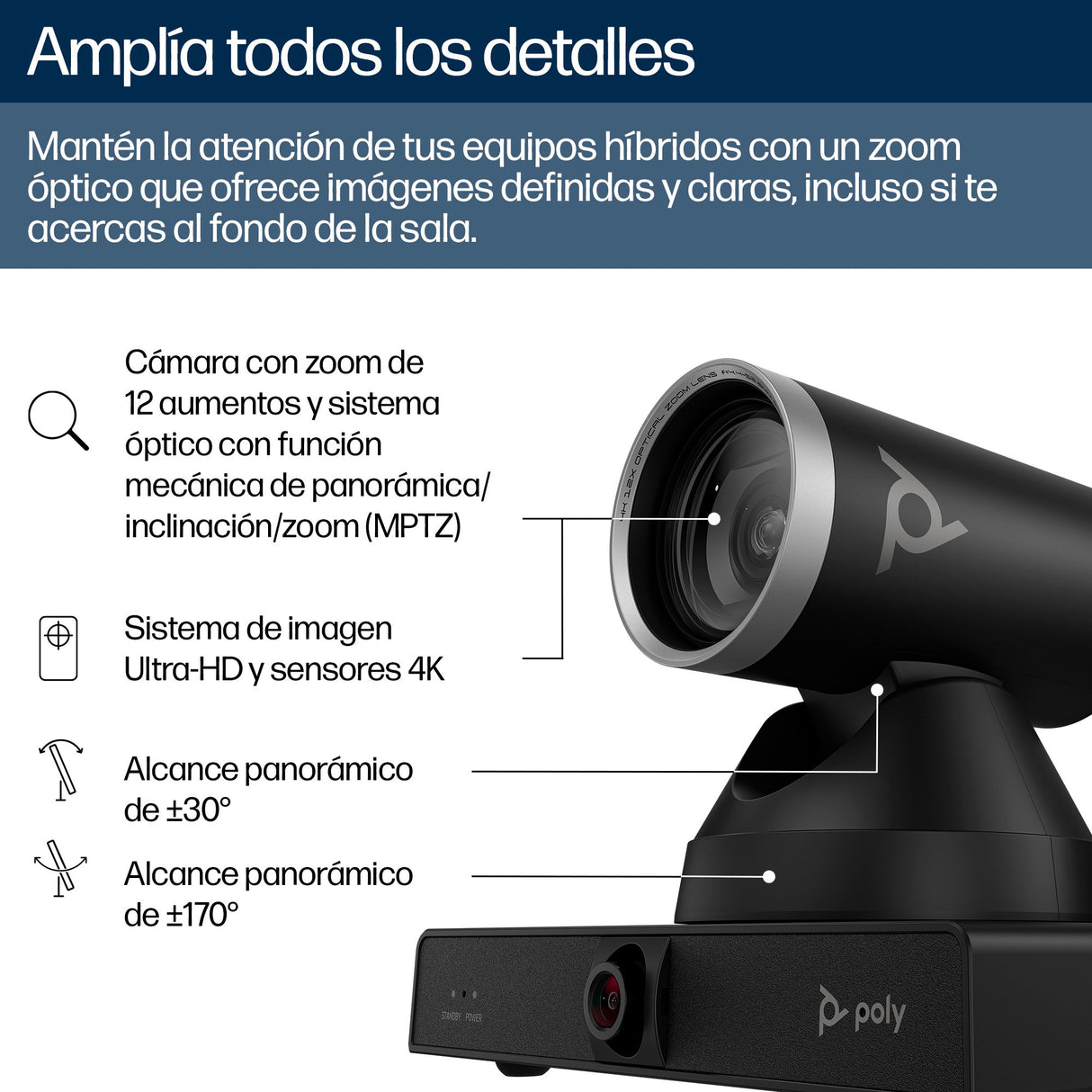 EAN 0198122304394 - HP Poly Studio E60 Smart Camera 4K MPTZ with 12x Optical Zoom TAA 8 MP Negro 3840 x 2160 Pixeles 60 pps imagen 7